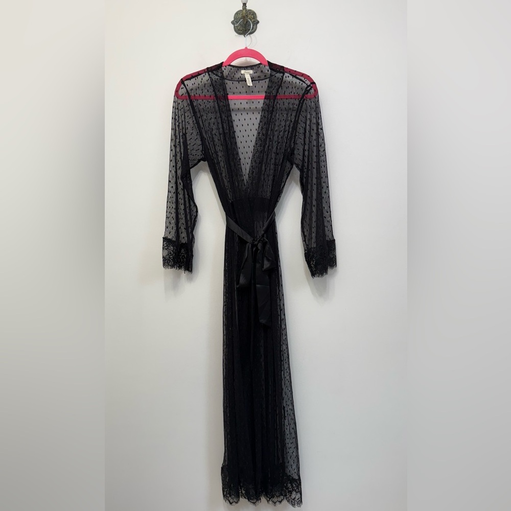 Soma Delicate Black Sheer Lace Mesh Polka Dot Robe Long Satin Tie Women’s S/M
